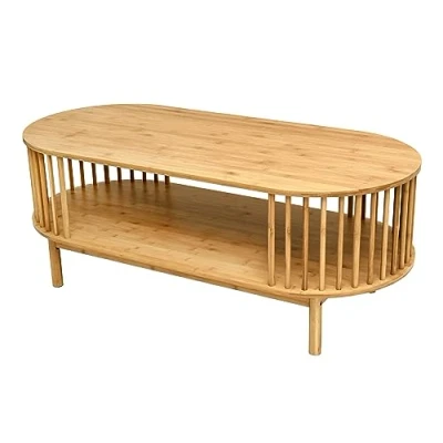 Image of VaeFae Oval Coffee Table, Bamboo Table for Living Room, 2 Tier Wooden Farmhouse Center with Storage Shelf