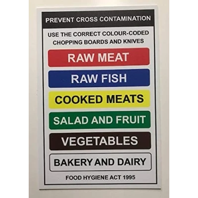 Image of Prevent cross contamination kitchen colour coded safety sign 1.2mm Rigid plastic 300mm x 200mm
