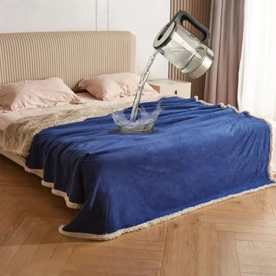 Image of Catalonia Classy Waterproof Bed Blanket, Washable Sofa Couch Cover Protector, Fleece Warm Sherpa Throw Blanket for Boating Camping Car Seat 203 x 152cm Navy Taupe