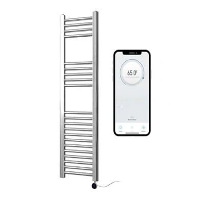 Image of Greened House Chrome Electric Smart WiFi Controlled Heated Towel Rail 300mm W x 1200mm H Flat 7 Day Programmable Timer App Compatibility
