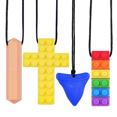Image of Vicloon Sensory Chew Necklace, 4 Pack Silicone Necklace for Kids Toddlers, Food Grade Safe Teething, Rainbow Pendant Sticks Autism Chewing Toys Set Chewy Stic