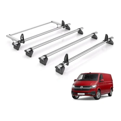 Image of Rhino Roof Rack for VW Transporter 2002 2022 [Only Fits Models with Rear Barn Doors] 4 Bars &amp; Ladder Roller + Loadstops KR29/T54FL/KLS2