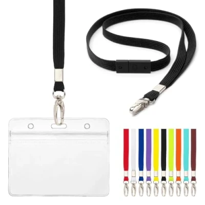 Image of Lanyard with Card Holder 10 Pcs Breakaway Safety Neck Lanyards Grip Seal Clear Waterproof Holders ID Name Tag Plastic Wallet Badges for Work Business Events Holds 9 x 6.8cm (Black)