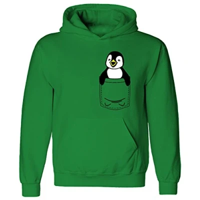 Image of Youth Kids Childrens Penguin Cute Animal Pocket Print Pullover Hoodie Green 5 6 Years (S)