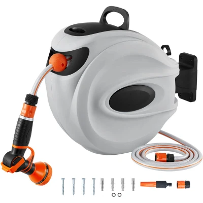 Image of VEVOR Retractable Hose Reel, 115 ft x 1/2 inch, 180 Swivel Bracket Wall Mounted, Garden Water Reel with 9 Pattern Nozzle and 3 Fast Adaptors, Automatic Rewind, Lock at Any Length