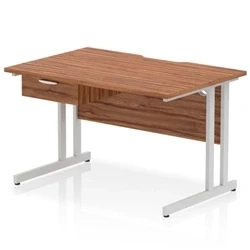 Image of Impulse 1200 x 800mm Scalloped Edge Straight Office Desk Walnut Top Silver Cantilever Leg Workstation 1 Drawer Fixed Pedestal