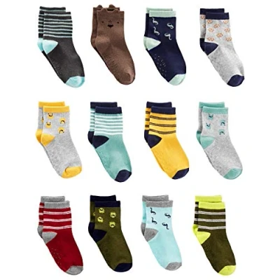 Image of Simple Joys by Carter&#039;s Baby Boys&#039; 12 Pack Sock Crew, Multicolour/Dinosaur/Monster/Stripes, 4 5 Years (Pack of 12)
