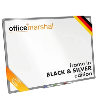 Image of OfficeMarshal Magnetic Whiteboard 60 x 90 cm with Aluminium Frame, Silver, Pen Tray, Memo Board, Dry Wipe (Silver Frame)