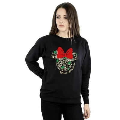 Image of Disney Women&#039;s Minnie Mouse Leopard Christmas Sweatshirt Black Large
