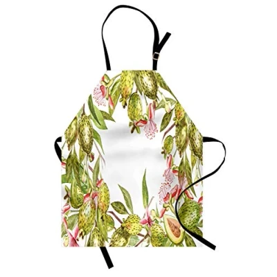 Image of ABAKUHAUS Floral Apron, Feijoa Exotic Fruit Floral, Unisex Kitchen Bib Apron with Adjustable Neck for Cooking Baking Gardening, Coral Green