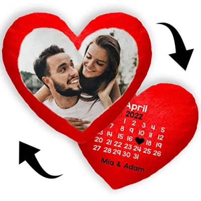Image of Ferocity Personalised Double Sided red Heart Shaped pillow Cushion Gift with your Photo and Calendar (35 x 40 cm) + QR Code Print Image for any Occasion (with filling) [091]
