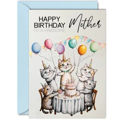 Image of Mother Birthday Card Pawsome Party Cats Balloons Happy for from Son Daughter, A5 Female Cat Bday Greeting Cards