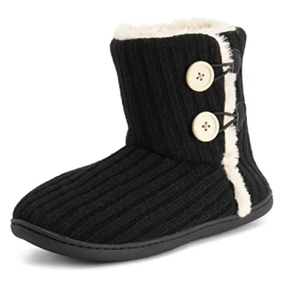 Image of Polar Womens Memory Foam Knitted Button Faux Fur Outdoor Rubber Sole Plush Winter Comfort Slippers Black UK4/EU37 YC0716