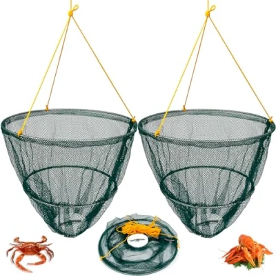 Image of Crystals Crab Drop Net with Spring Loaded Bait Holder, 11m Rope 30 cm Netting Trap, Clip, Bag, Line Handle, Fishing for Family Kids and Holiday Fun, Green (Set of 2)