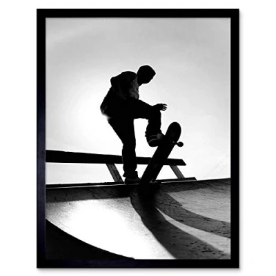 Image of Wee Blue Coo Photography Sport Skateboarding Skater Silhouette Art Print Framed Poster Wall Decor 12X16 Inch