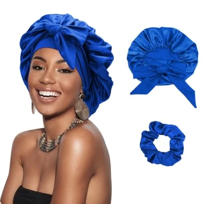 Image of DRESHOW Satin Braid Bonnet for Women Silk Sleeping Sleep Cap with Elastic Tie Band Night Long Curly Hair Locs