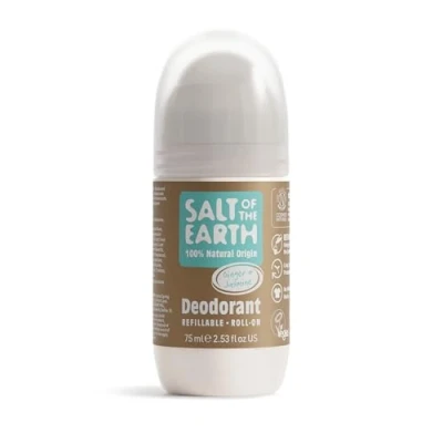 Image of Salt of the Earth Refillable Natural Deodorant Roll On Ginger &amp; Jasmine Effective Protection, 100% ingredients, Eco friendly, Vegan, Cruelty Free. Suitable for Men, Women Kids 75ml