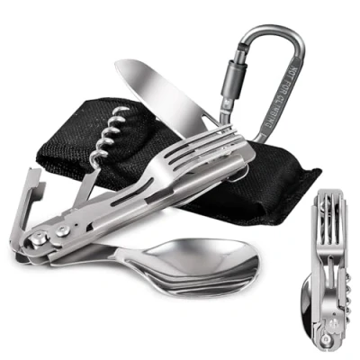 Image of 【2024 Latest】ZIMAIC Camping Cutlery&amp;Climbing Button, 5 in 1 Cutlery Set Multitool Portable Stainless Steel Spoon, Fork, Knife &amp; Bottle Opener Combo Set, Outdoor Detachable Utensil, Travel, Backpacking