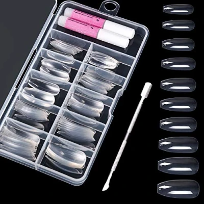 Image of 100pcs Fake Nails with Glues, 10 Size Coffin Ballerina False Nail Tips Cuticle Pusher, Artificial Acrylic Full Cover Fingernails for Art Salons (Clear)