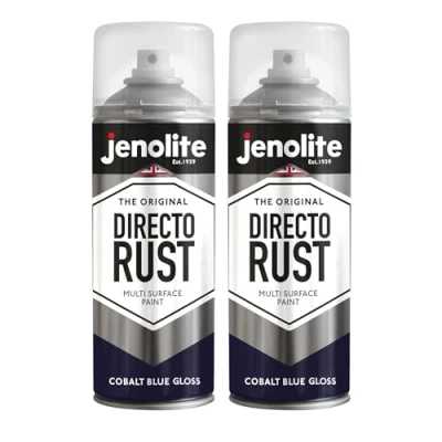 Image of JENOLITE Directorust Gloss Spray Paint COBALT BLUE 2 x 400ml Direct To Rust For Metal Multi Surface Wood, Metal, Plastic, Ceramic RAL 5013