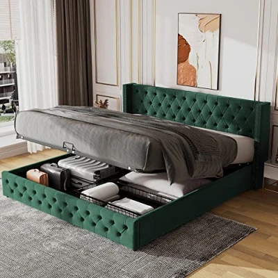 Image of ModernLuxe Upholstered Bed with Hydraulic Lever,Lift Up Double Frame,Functional Storage (135 x 190 cm,Mattress not included) Velvet Green