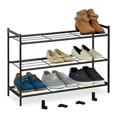 Image of Relaxdays Rack 3 Levels, Connectors, 9 Pairs, Shoes Storage for Hallway, 50 x 70 26 cm Stackable, Stable, Black, Steel
