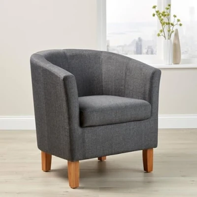 Image of Home Source Tub Accent Chair Fabric Armchair with Wooden Legs Upholstered Single Sofa for Home, Office, Living Room Sofa, Padded Foam Seat (Dark Grey)