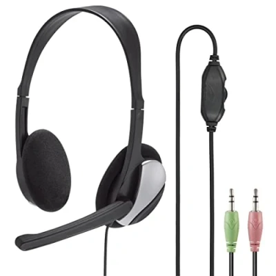 Image of Hama PC Headset HS P100, Ultra Lightweight on Ear Stereo with Microphone, Volume Control Cord, 2 m Cable Length, x 3.5 mm Jack, Black
