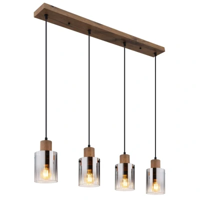 Image of Underwood Bar Pendant Ceiling Light Wood Look Dark Smoke Glass Shade 4x E27