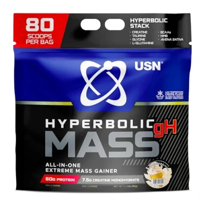 Image of USN Hyperbolic Mass French Vanilla 6kg: High Calorie Gainer Protein Powder for Muscle Building and Weight Gain Improved Formula &amp; Flavour with 7.5g Creatine Monohydrate Less Sugar