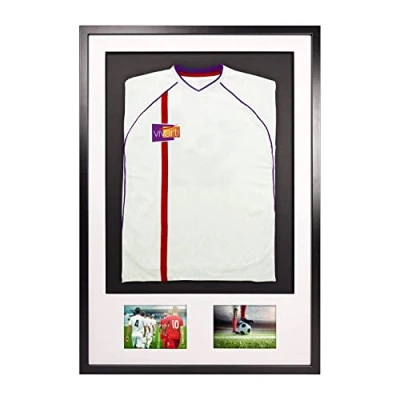 Image of Vivarti DIY Adult 3D Mounted + Double Aperture Sports Shirt Display Frame for Football Shirt, Rugby Band T Shadow Box 61 x 91.5cm Black Frame, White Mount, Backing Card