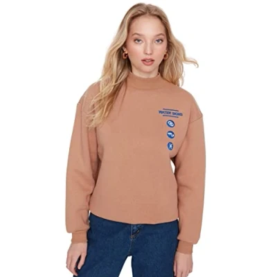 Image of Trendyol Women&#039;s Crew Neck Plain Fitted Sweatshirt, Brown, S UK