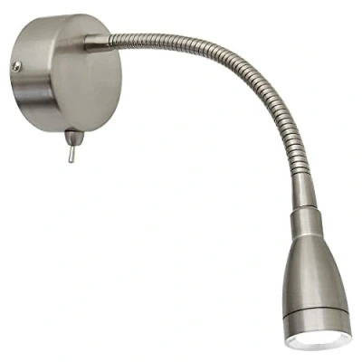 Image of Long Life Lamp Company LED Bedside Reading Light Wall Mounted Switched Flexible Arm Headboard Brushed Chrome 6000k H3035