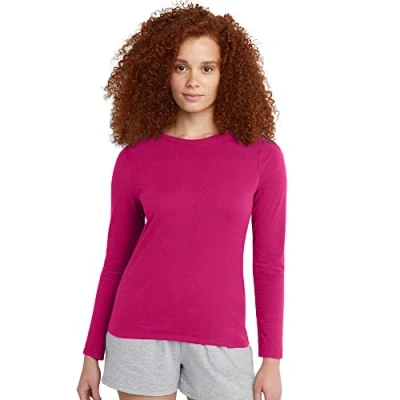 Image of Hanes Women&#039;s Originals Long Sleeve Cotton T Shirt, Lightweight Crewneck Tee, Modern Fit, Sizzling Pink, S