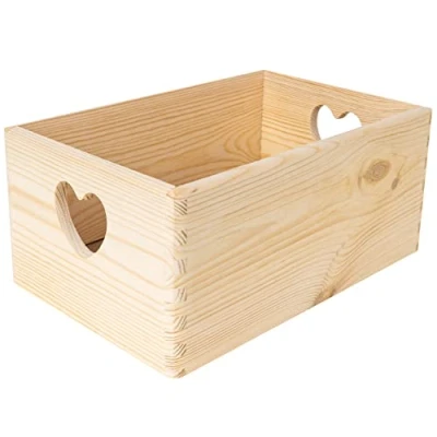 Image of Creative Deco Large Wooden Crate with Heart Handles 30 x 20 14 cm (+/ 1 cm) Plain Unpainted Storage Box Natural Wood Easter Gift Crates Kitchen Home Documents