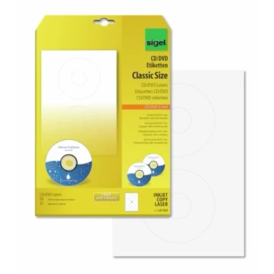 Image of SIGEL LA525 Universal CD/DVD Labels with centering aid, Ø 11.7 cm (center 4.1 cm) , 50 lbl equal to 25 sheets, White