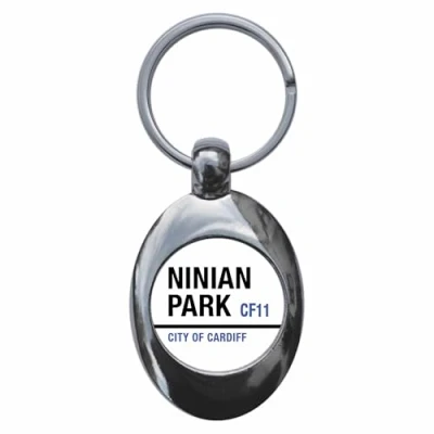 Image of Ozorath Ninian Park CF11 City of Cardiff Road Sign Keyring Keychain Key Ring Chain With Trolley Coin