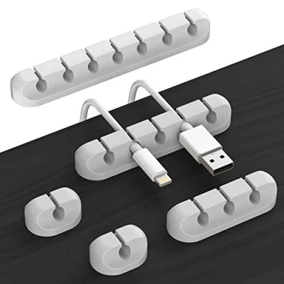 Image of cable holder clips, 5 pieces management organiser, adhesive hooks for desk, power cable, USB charging chargers, audio cables, office and home users (grey, 1 3 7 slots)