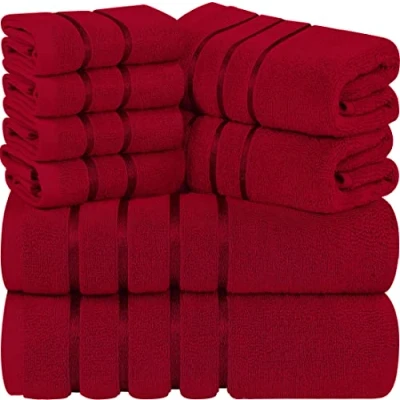 Image of Utopia Towels 8 Piece Luxury Towel Set, 2 Bath Towels, Hand and 4 Wash Cloths,97% Ring Spun Cotton Highly Absorbent Viscose Stripe Ideal for Everyday use (Red)