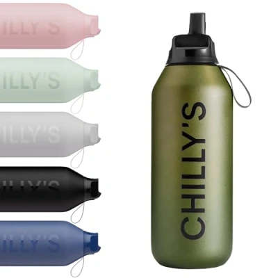 Image of Chilly&#039;s Series 2 Flip Water Bottle with Sports Lid, Telescopic Straw and Nylon Carry Loop Easy Cleaning Brush Included 500ml Ombre, Moss