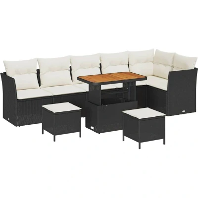 Image of vidaXL 9 Piece Garden Sofa Set with Cushions Black Poly Rattan Acacia
