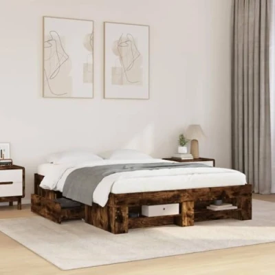 Image of vidaXL Bed Frame Smoked Oak 140x200 cm Engineered Wood Storage Drawers