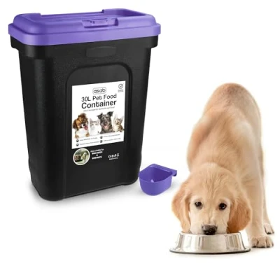 Image of ASAB Pet Food Storage Container Large 30L/15kg Plastic With Integrated Scoop and Flip Top Locking System Perfect for Dog Treats Kitten (Purple, Large)