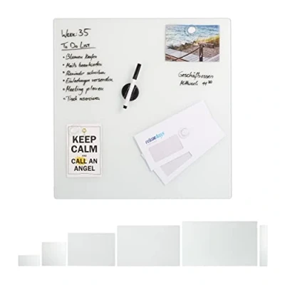 Image of Relaxdays Glass Magnetic Dry Erase Memo Board, Writable, 3 Magnets, Safety Magnet White