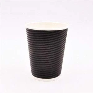 Image of 100 x 12oz Black Triple Ripple Paper Wall Disposable Tea Coffee Cappuccino Hot Drinks Cups &amp; LIDS …