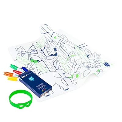 Image of SUPER PETIT Placemat Jungle Theme Coloring for Young Artists Educational Game with 5 Felt Tip Pens &amp; Bracelet Reusable, Antibacterial, Easy to Clean From 3 Years