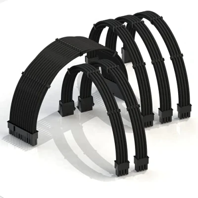 Image of LINKUP AVA 30cm PSU Cable Extension Sleeved Custom Mod GPU PC Braided w/Comb Kit Compatible with RTX3090┃1 x 24 P (20+4)┃2 8 (4+4) CPU┃3 (6+2) set┃300mm Black