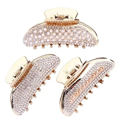 Image of Pack of 3 Hair Claw Clip for Women Rhinestone Clamp No slip Grip Crystal Plastic Octopus Jaw Clips Accessories