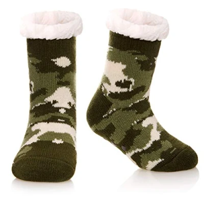 Image of Kids Boys Girls Fuzzy Slipper Socks Soft Warm Thick Fleece lined Christmas Stockings For Child Toddler Winter Home Socks, Green Camouflage, 8 12 Years