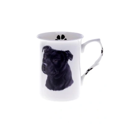 Image of (BB55) SINGLE BONE China BEAKER/ MUG/CUP BLACK STAFFIE STAFFORDSHIRE BULL TERRIER, Hand decorated Kirsty Jayne